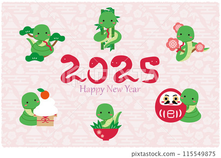 2025 New Year's card, background light pink, snake, pine, bamboo, plum and auspicious items, number 2025 is snake 2025 New Year's card, background light pink, snake, pine, bamboo, plum and auspicious items, number 2025 is snake 115549875