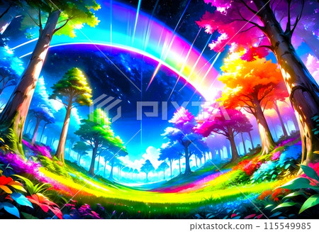 色彩繽紛的森林，上面有彩虹 115549985