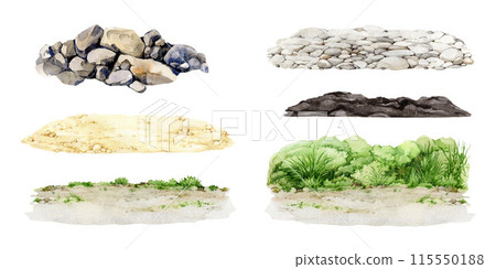 Green grass, sandy, pebble, soil ground watercolor illustration set. Lush grassy, rocky, earthy, sand landscape background element collection. Various natural surfaces on white background Green grass, sandy, pebble, soil ground watercolor illustration set. Lush grassy, rocky, earthy, sand landscape background element collection. Various natural surfaces on white background 115550188