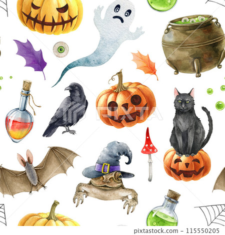 Halloween scary decor elements seamless pattern. Watercolor illustration. Hand drawn pumpkins, black cat, ghost, bat, crow elements on white background. Halloween spooky decorative seamless pattern 115550205