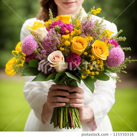 Beautiful rural lady in a white dress with a bouquet of flowers Beautiful rural lady in a white dress with a bouquet of flowers 115550316