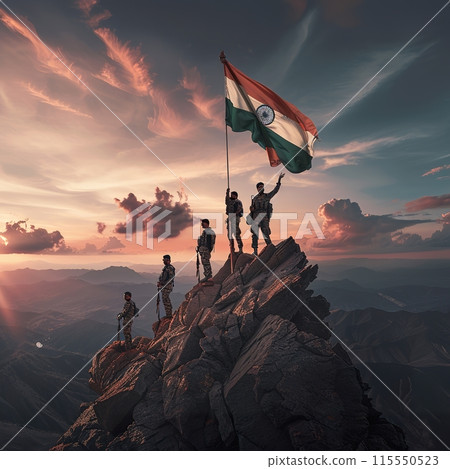 Soldiers Raising Indian Flag on Mountain Peak at Sunset 115550523