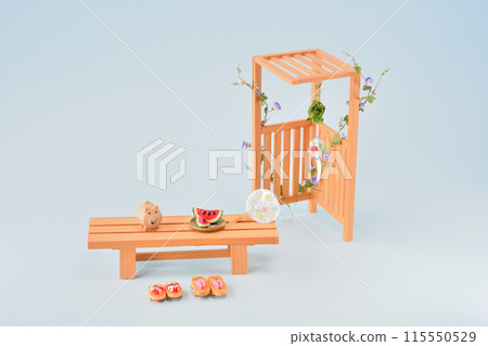 Summer traditions: bench, watermelon, fan, wooden clogs, wind chimes, miniature Summer traditions: bench, watermelon, fan, wooden clogs, wind chimes, miniature 115550529