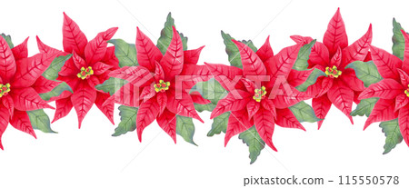 Christmas border of poinsettia flowers. Watercolor illustration. Hand drawn isolated art. Frame of realistic red plant with star flower and leaves for New Year and winter holidays decoration. 115550578