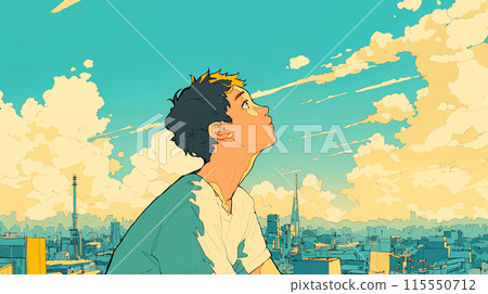 Man looking up at the sky in the city Man looking up at the sky in the city 115550712