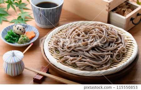 Zaru soba noodles served with the best bonito stock broth 115550853