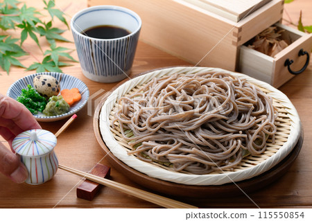 Zaru soba noodles served with the best bonito stock broth Zaru soba noodles served with the best bonito stock broth 115550854