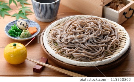 Zaru soba noodles served with the best bonito stock broth Zaru soba noodles served with the best bonito stock broth 115550863