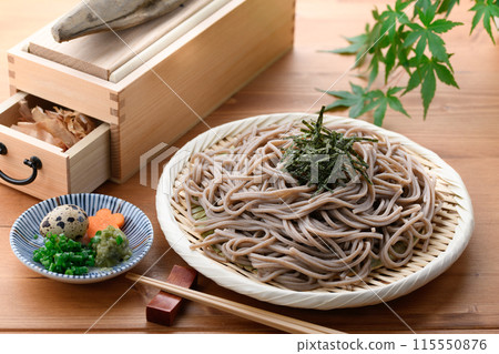 Zaru soba noodles served with the best bonito stock broth Zaru soba noodles served with the best bonito stock broth 115550876