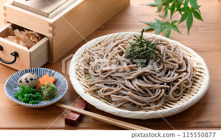 Zaru soba noodles served with the best bonito stock broth Zaru soba noodles served with the best bonito stock broth 115550877