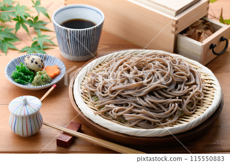 Zaru soba noodles served with the best bonito stock broth Zaru soba noodles served with the best bonito stock broth 115550883