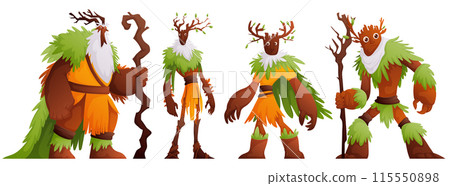 Four fantasy forest guardian characters with tree-like features, dressed in green and orange, holding wooden staffs. Four fantasy forest guardian characters with tree-like features, dressed in green and orange, holding wooden staffs. 115550898
