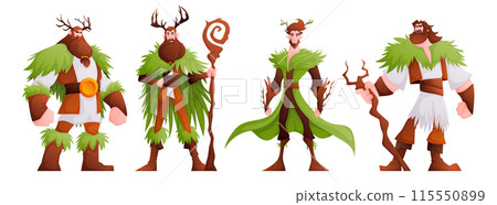 Illustration of fantasy druids wearing antler headpieces and holding staffs, perfect for role-playing games and fantasy storytelling. Illustration of fantasy druids wearing antler headpieces and holding staffs, perfect for role-playing games and fantasy storytelling. 115550899