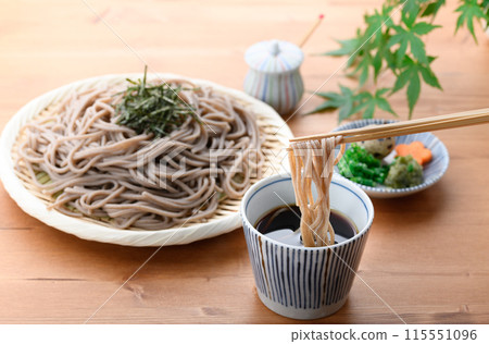Dip the soba noodles in the soup (condiments include chopped green onion, quail eggs, and wasabi). 115551096