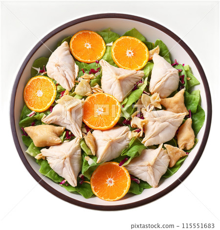 Chinese chicken salad elements over prepared bowl poached chicken mandarin oranges and crispy wontons tumbling 115551683