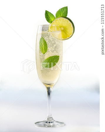 Hugo Tall slender glass with prosecco elderflower syrup mint and soda garnished with lime slice Hugo Tall slender glass with prosecco elderflower syrup mint and soda garnished with lime slice 115551713