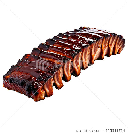 Baby back ribs rack intact glazed with barbecue sauce photographed from the side Baby back ribs rack intact glazed with barbecue sauce photographed from the side 115551714