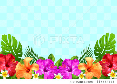 Hibiscus, plumeria and checkered pattern summer frame background 115552543