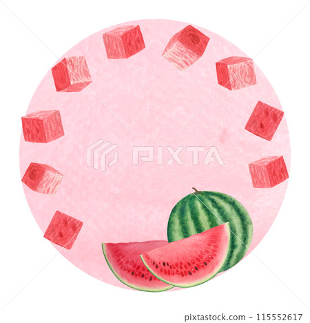 Watermelon whole, juicy slice and cubes. Watercolor round frame with pink background, isolated on white. Hand drawn for food design. Packages, juice, smoothie, menu, organic food, ice cream label Watermelon whole, juicy slice and cubes. Watercolor round frame with pink background, isolated on white. Hand drawn for food design. Packages, juice, smoothie, menu, organic food, ice cream label 115552617