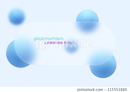 Website landing page template in glass morphism style. Horizontal presentation screen with the effect of glass overlay on blue spheres. Website landing page template in glass morphism style. Horizontal presentation screen with the effect of glass overlay on blue spheres. 115552880