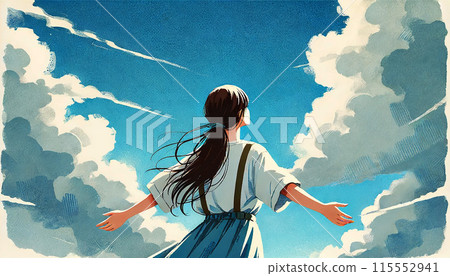 A young woman with her arms outstretched looking up at the sky A young woman with her arms outstretched looking up at the sky 115552941