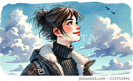Woman looking up at the winter sky Woman looking up at the winter sky 115552942