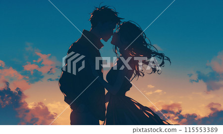 Silhouette of a man and woman kissing 115553389