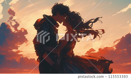 一個男人和一個女人接吻的剪影 115553393