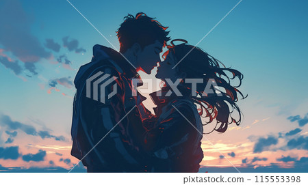 Silhouette of a man and woman kissing 115553398