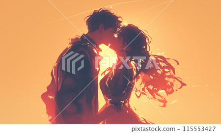 Silhouette of a man and woman kissing 115553427