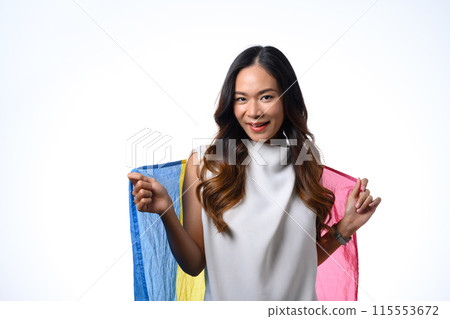Beautiful woman holding pansexual flag isolate white background. Human rights, freedom and equality concept Beautiful woman holding pansexual flag isolate white background. Human rights, freedom and equality concept 115553672