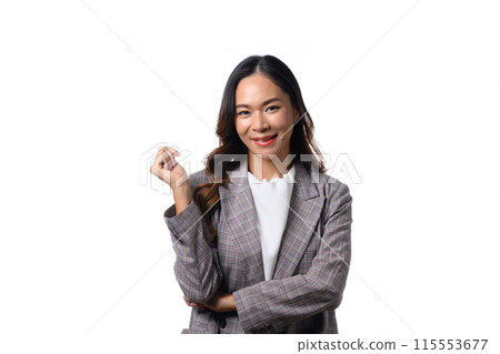Portrait of beautiful businesswoman in classic formal suit standing on white background Portrait of beautiful businesswoman in classic formal suit standing on white background 115553677