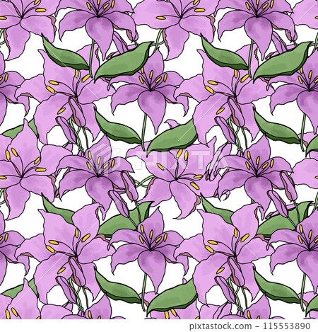 Lilly watercolor and line art flower seamless pattern for design of fabric, scrapbook, wallpaper. Delicate hand drawn vector background Lilly watercolor and line art flower seamless pattern for design of fabric, scrapbook, wallpaper. Delicate hand drawn vector background 115553890