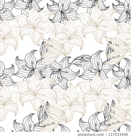 Lilly line art flower seamless pattern for design of fabric, scrapbook, wallpaper. Delicate hand drawn vector background 115553899