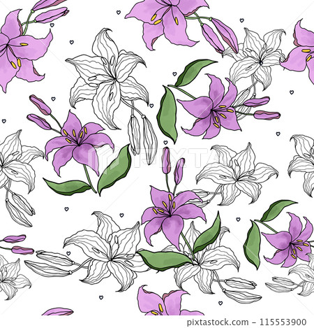 Lilly watercolor and line art flower seamless pattern for design of fabric, scrapbook, wallpaper. Delicate hand drawn vector background 115553900