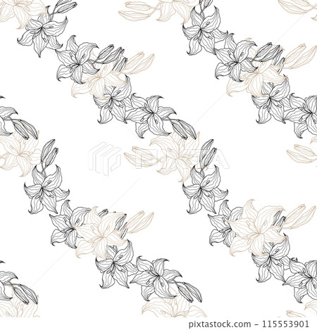 Lilly line art flower seamless pattern with striped for design of fabric, scrapbook, wallpaper. Delicate hand drawn vector background 115553901