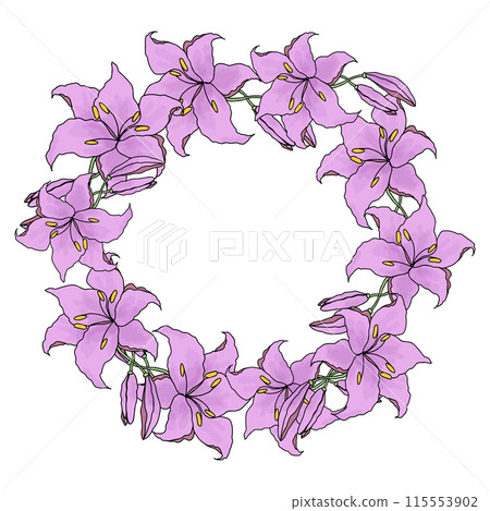 Lillie violet flower circle wreath for wedding card or invitations. Hand drawn vector illustration template Lillie violet flower circle wreath for wedding card or invitations. Hand drawn vector illustration template 115553902