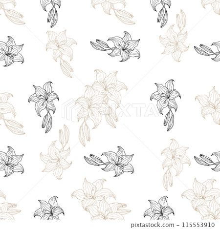 Lilly line art flower seamless pattern for design of fabric, scrapbook, wallpaper. Delicate hand drawn vector background 115553910