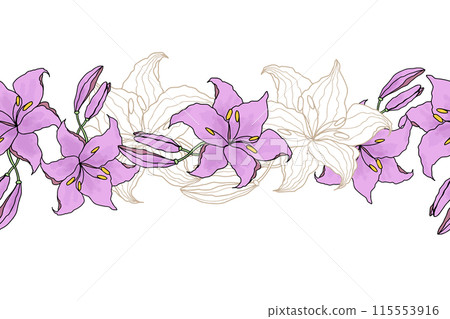 Lilly watercolor and line art flower seamless boarder for design of card or invite. delicate hand drawn vector illustration Lilly watercolor and line art flower seamless boarder for design of card or invite. delicate hand drawn vector illustration 115553916