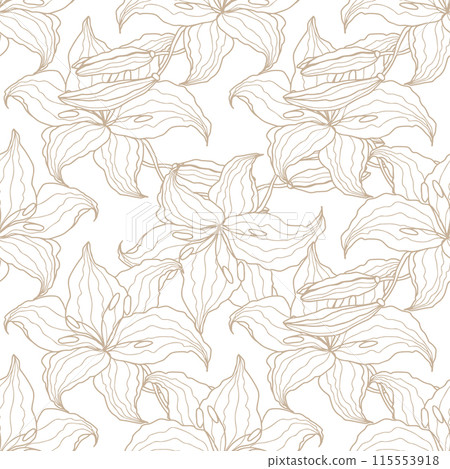 Lilly line art flower seamless pattern for design of fabric, scrapbook, wallpaper. Delicate hand drawn vector background Lilly line art flower seamless pattern for design of fabric, scrapbook, wallpaper. Delicate hand drawn vector background 115553918