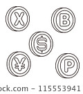 五種貨幣的插圖：日圓、美元、比特幣、瑞波幣和積分 115553941