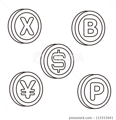 五種貨幣的插圖:日圓、美元、比特幣、瑞波幣和積分 五種貨幣的插圖:日圓、美元、比特幣、瑞波幣和積分 115553941