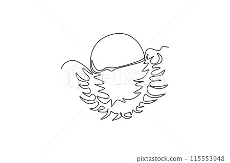 Continuous one line drawing of one half peeled healthy sweet organic rambutans for orchard logo identity. Fresh hairy fruit concept for garden icon. Single line draw design vector graphic illustration Continuous one line drawing of one half peeled healthy sweet organic rambutans for orchard logo identity. Fresh hairy fruit concept for garden icon. Single line draw design vector graphic illustration 115553948
