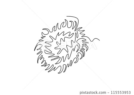 Continuous one line drawing whole healthy sweet organic rambutans for orchard logo identity. Fresh tropical fruitage concept for fruit garden icon. Single line draw design vector graphic illustration Continuous one line drawing whole healthy sweet organic rambutans for orchard logo identity. Fresh tropical fruitage concept for fruit garden icon. Single line draw design vector graphic illustration 115553953