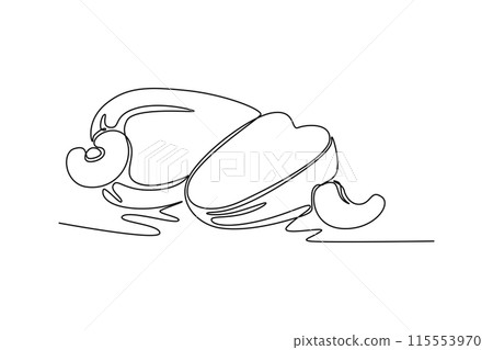 Single one line drawing of whole and half sliced healthy organic cashew apple for orchard logo identity. Fresh Brazil caju fruitage garden icon. Continuous line draw design graphic vector illustration 115553970