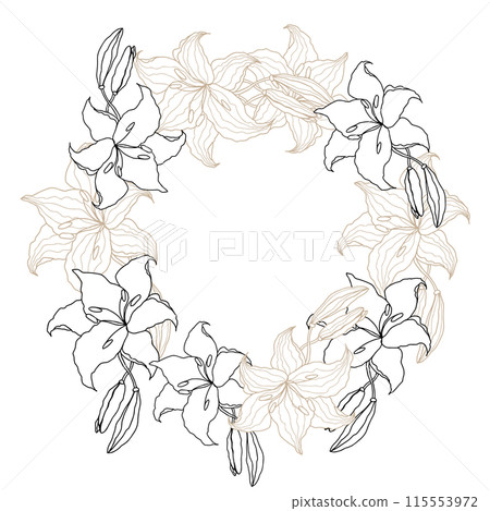 Lillie flower circle line art wreath for wedding card or invitations. Hand drawn vector illustration template. Lillie flower circle line art wreath for wedding card or invitations. Hand drawn vector illustration template. 115553972