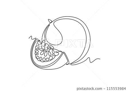 Single one line drawing whole and sliced healthy organic passion fruit for orchard logo identity. Fresh summer fruitage for fruit garden icon. Continuous line draw design graphic vector illustration 115553984