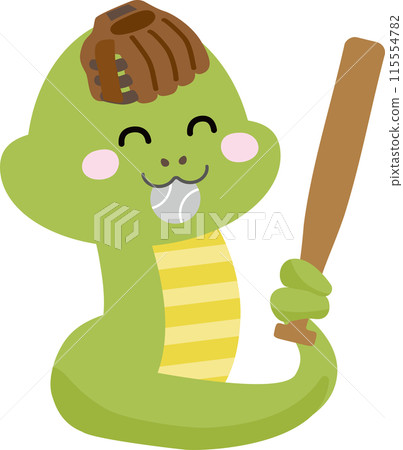 Illustration of a smiling snake playing baseball 115554782