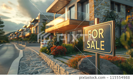 Modern Luxury Home For Sale. FOR SALE sign highlights row of upscale townhouses ready for new ownership 115554988
