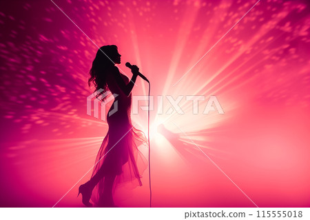 Silhouette of female Singer on Stage with Pink Lights 115555018